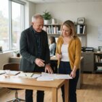 Family business owners in a standard professional office reviewing plans together, illustrating a company stage executive hire for a family-owned company