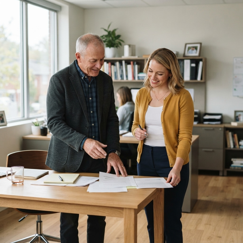 Family business owners in a standard professional office reviewing plans together, illustrating a company stage executive hire for a family-owned company