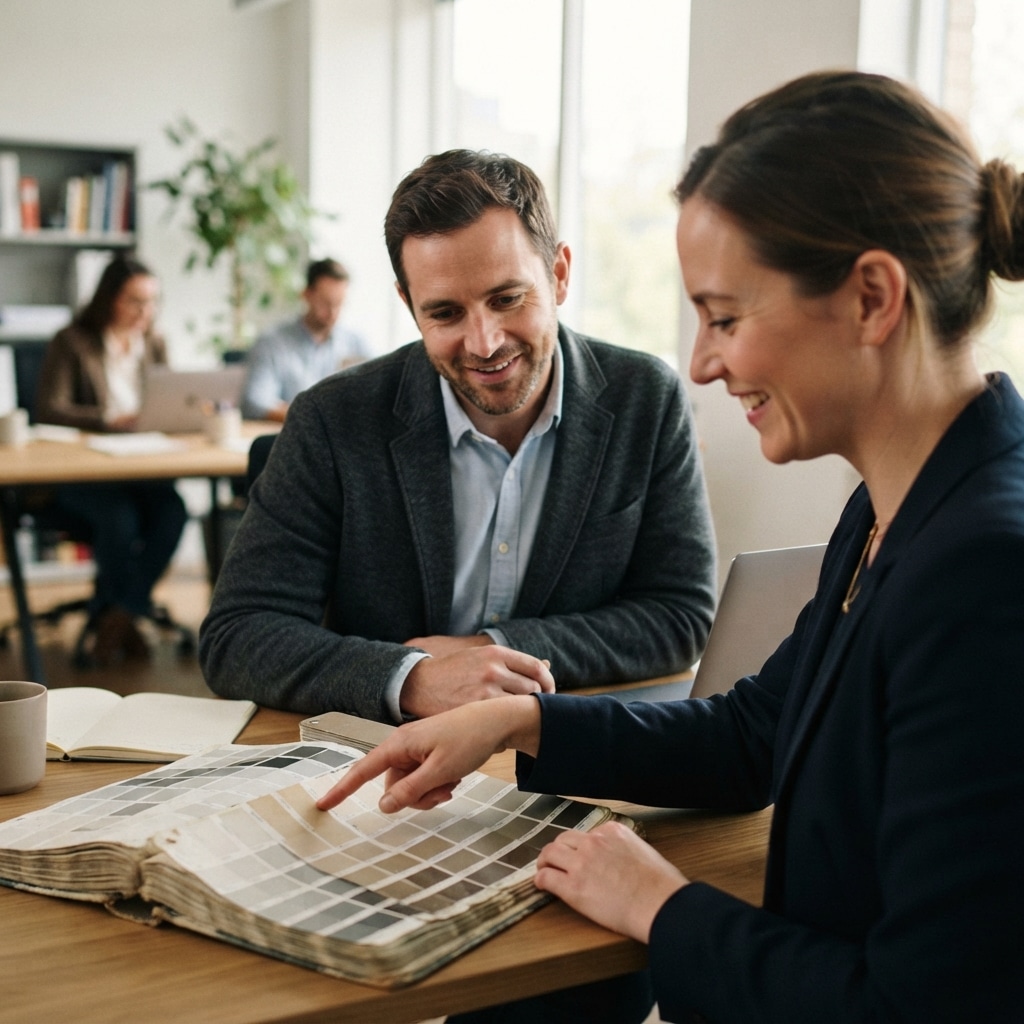 Two colleagues reviewing a coatings color swatch book together in an office, illustrating collaborative fit in a company stage executive hire