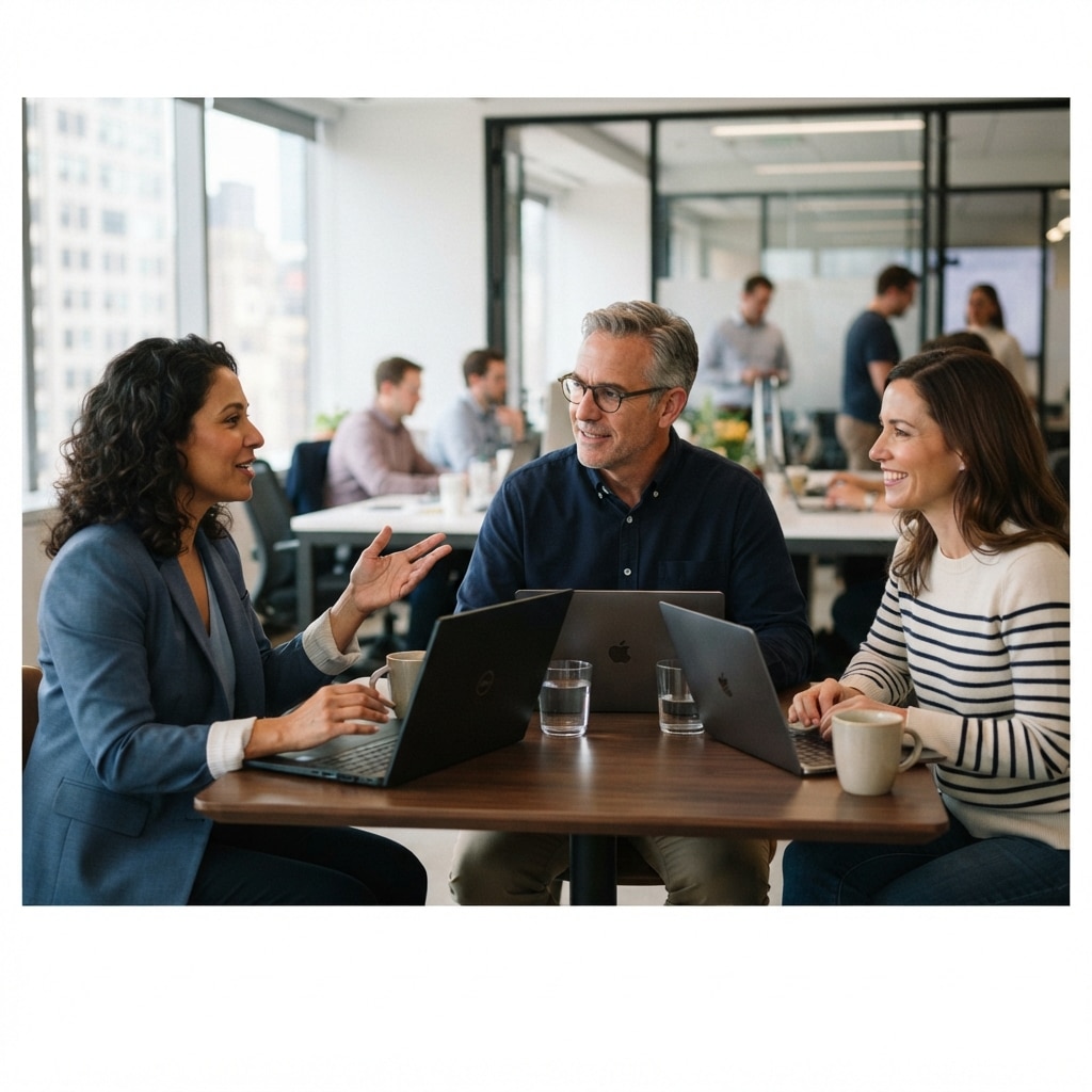 Executives talking casually with laptops open, illustrating a private equity company stage executive hire
