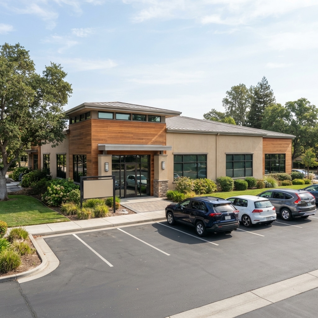 Exterior of a modest, modern company office building, illustrating realistic growth-stage scale for a company stage executive hire