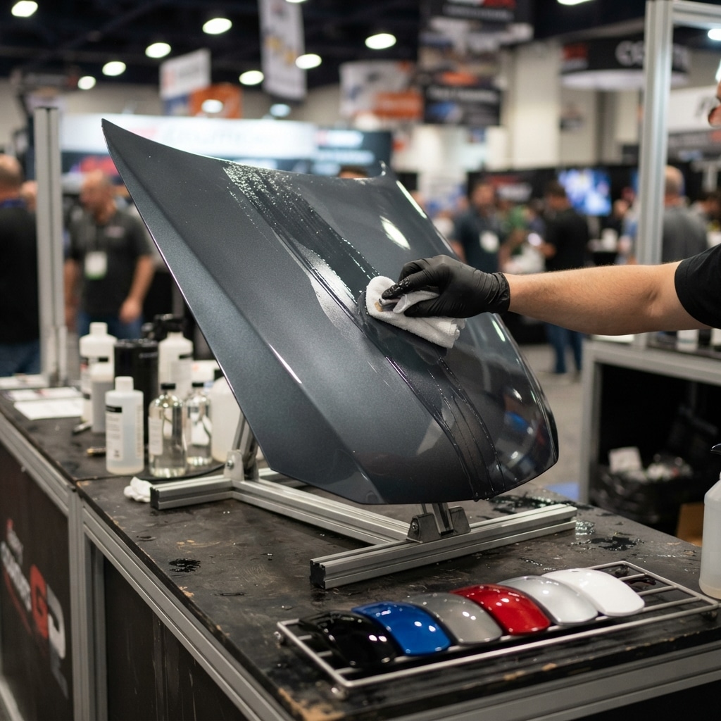 Coatings demonstration at a trade show booth, liquid coating applied smoothly to a car hood panel, illustrating the specialty materials industry behind a company stage executive hire