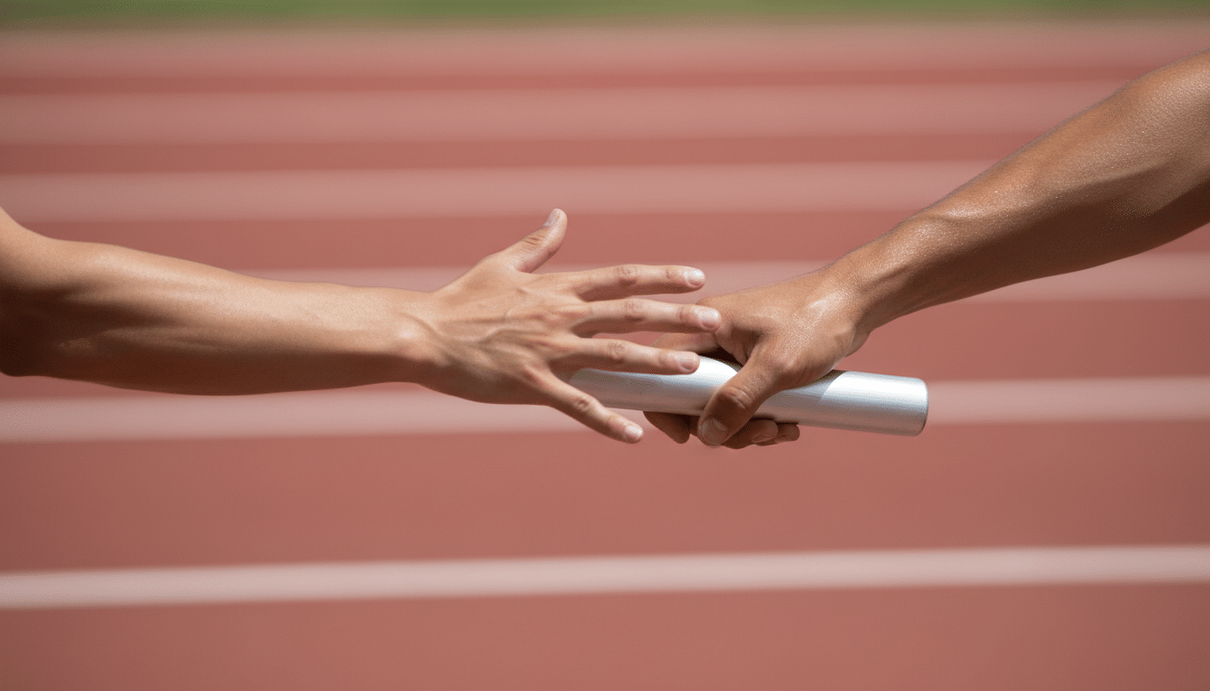 Close-up of a relay baton handoff between two runners, symbolizing the succession planning exchange