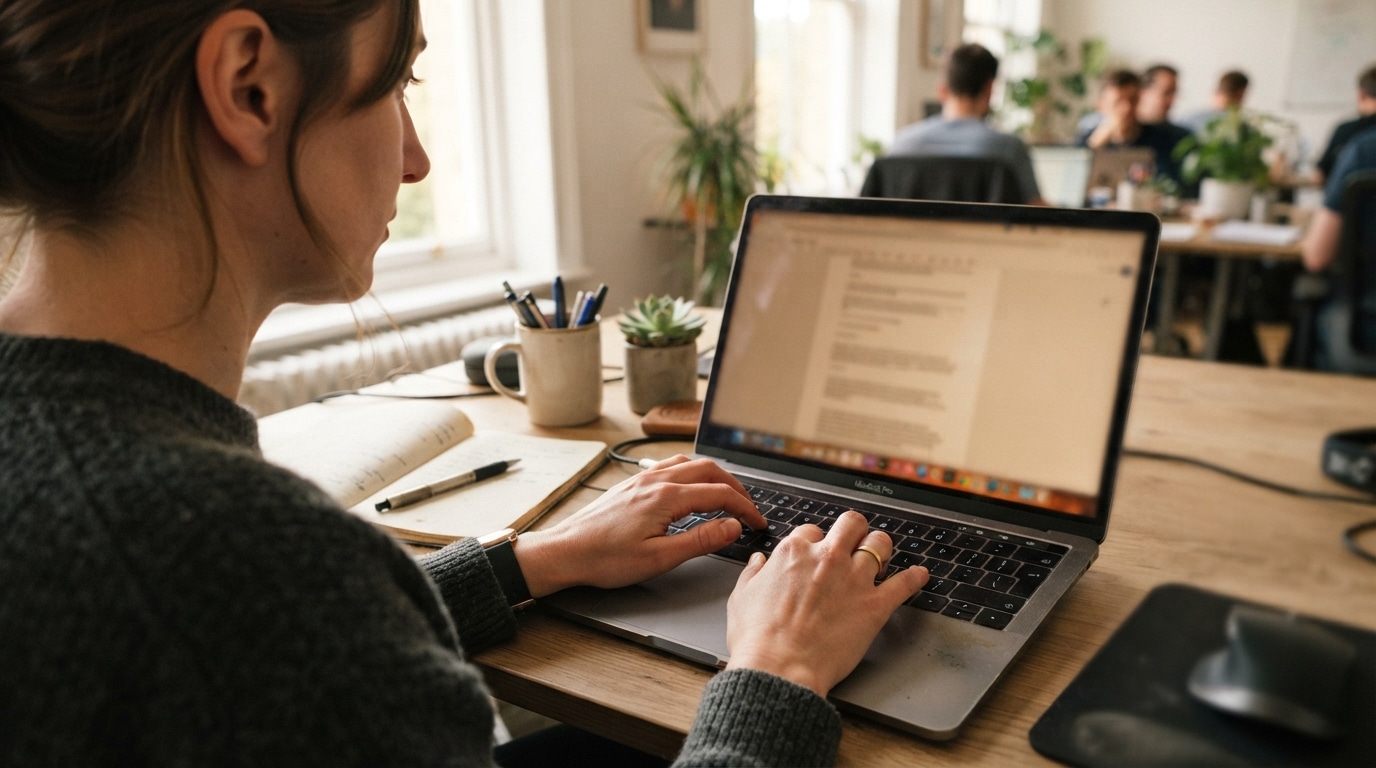 Leader typing notes while researching how to find an executive recruiter for specialty industries