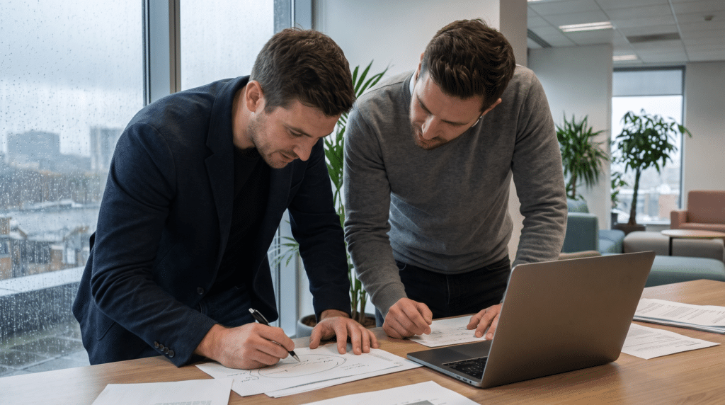 Two executives reviewing a printed shortlist as they find an executive recruiter