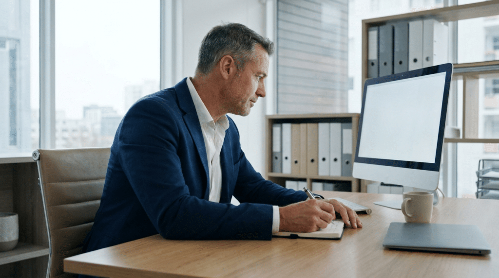 Executive in a professional office looking at his computer while taking notes to find an executive recruiter for specialty industries