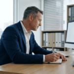 Executive in a professional office looking at his computer while taking notes to find an executive recruiter for specialty industries